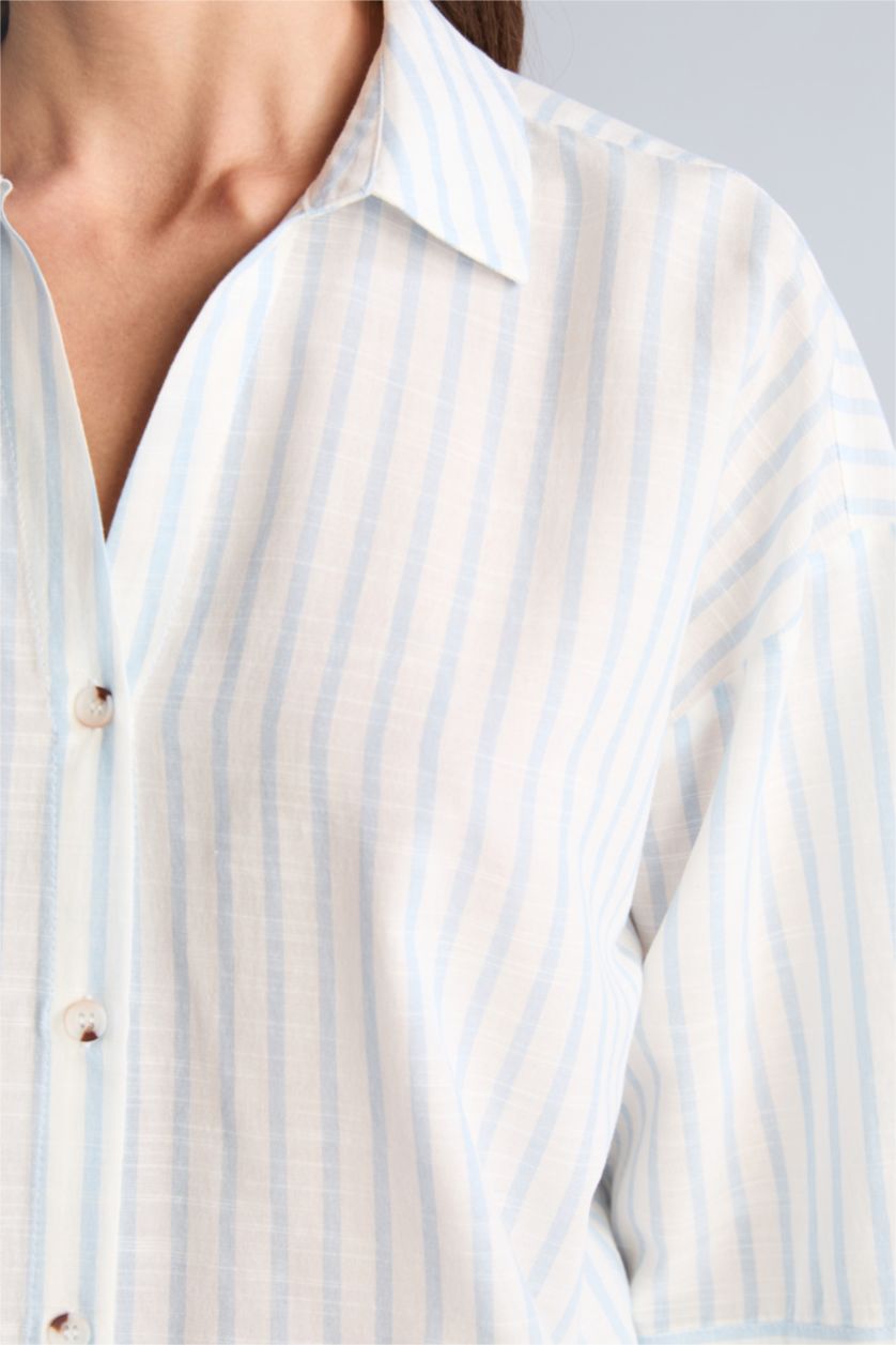 Kadın Açık Mavi Oversize Keten Çizgili Gömlek