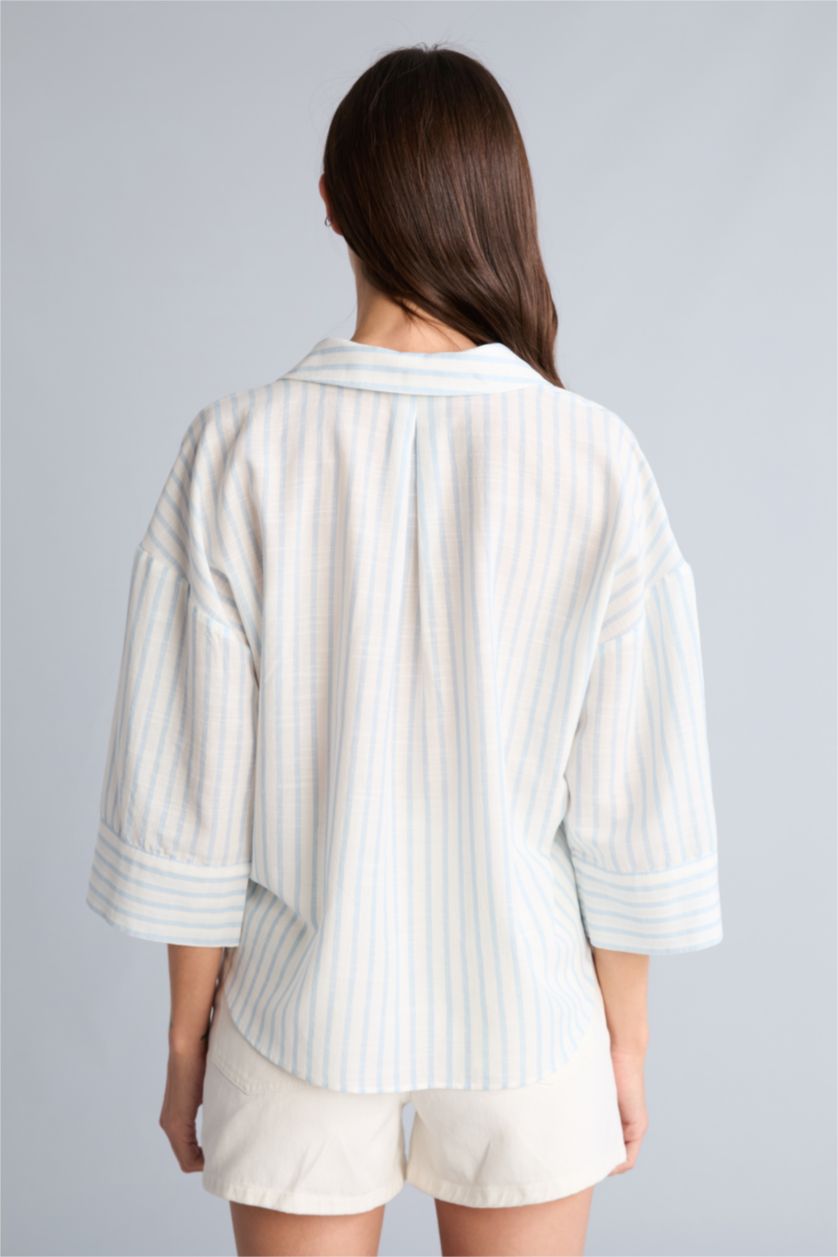 Kadın Açık Mavi Oversize Keten Çizgili Gömlek