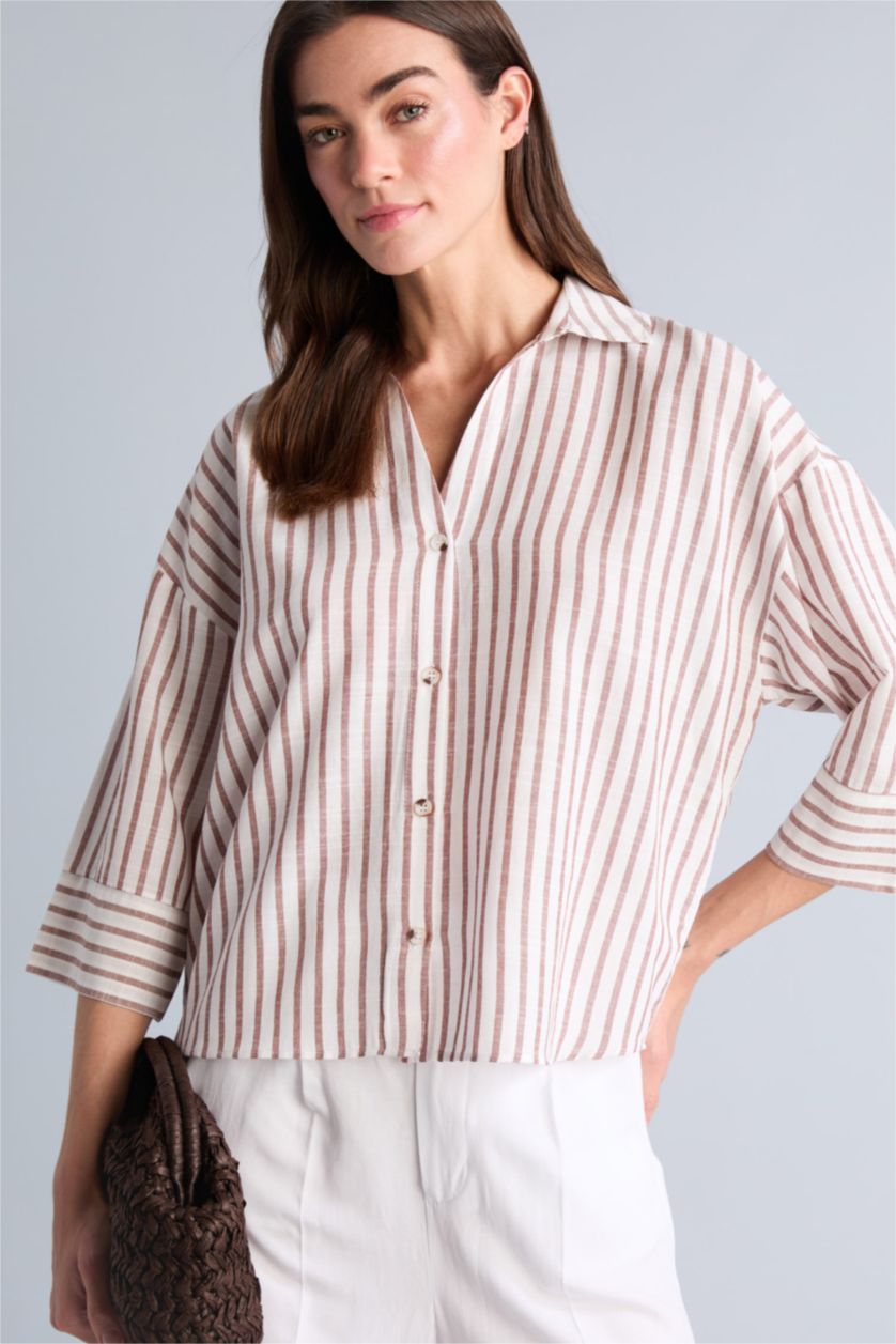 Kadın Kahve Oversıze Çizgili Keten Görünümlü Uzun Kollu Gömlek