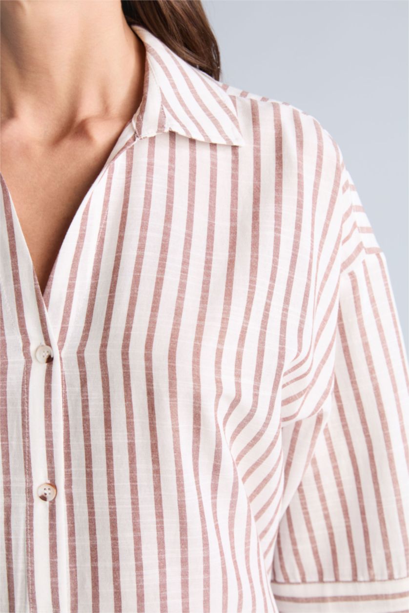 Kadın Kahve Oversıze Çizgili Keten Görünümlü Uzun Kollu Gömlek