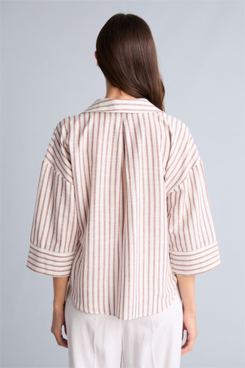 Kadın Kahve Oversıze Çizgili Keten Görünümlü Uzun Kollu Gömlek