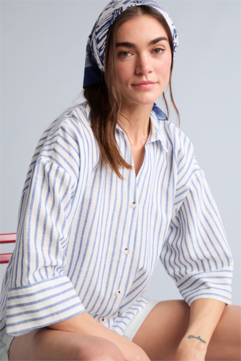 Kadın Açık İndigo Oversıze Çizgili Keten Görünümlü Uzun Kollu Gömlek