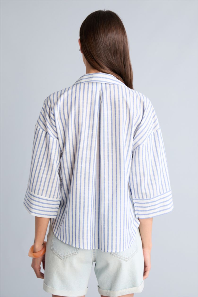 Kadın Açık İndigo Oversıze Çizgili Keten Görünümlü Uzun Kollu Gömlek