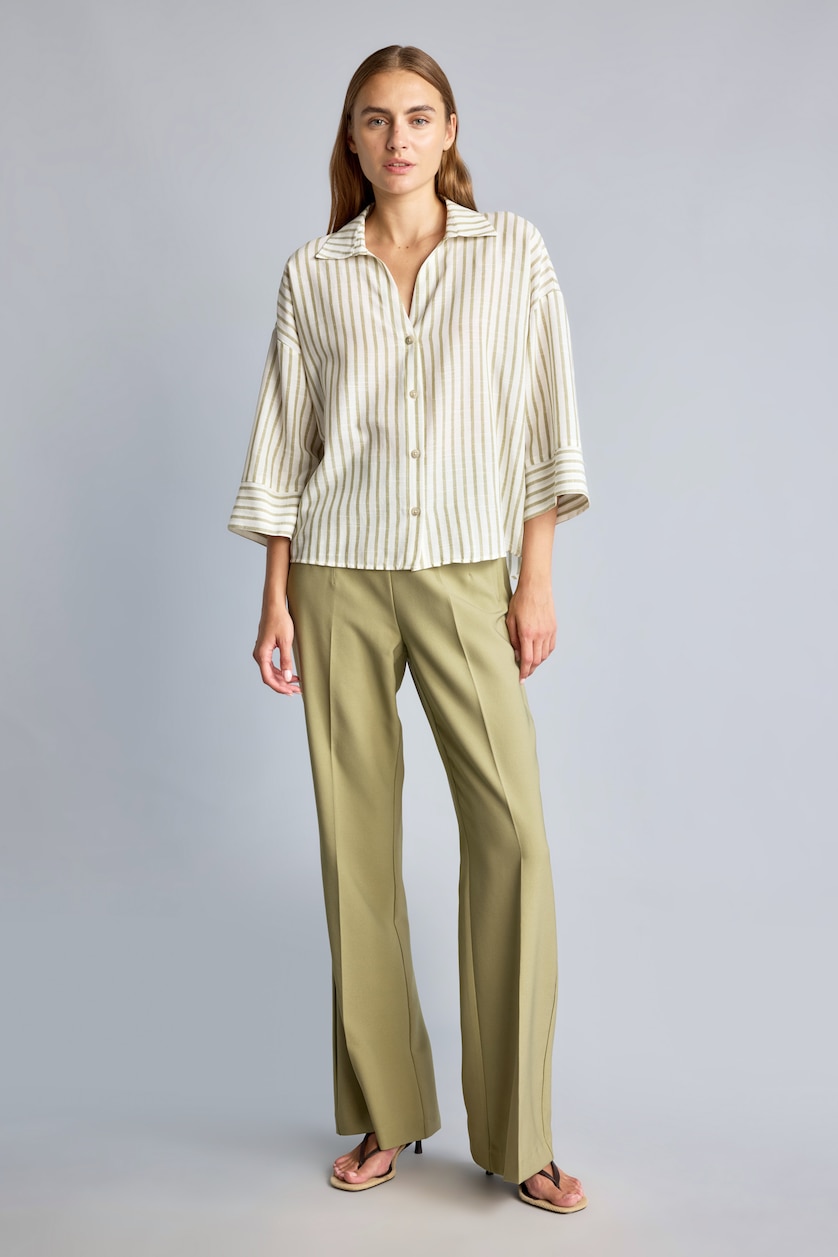 Women Light Khaki Oversize Fit Linen Look Long Sleeve Shirt