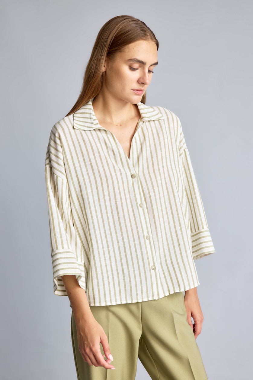 Women Light Khaki Oversize Fit Linen Look Long Sleeve Shirt
