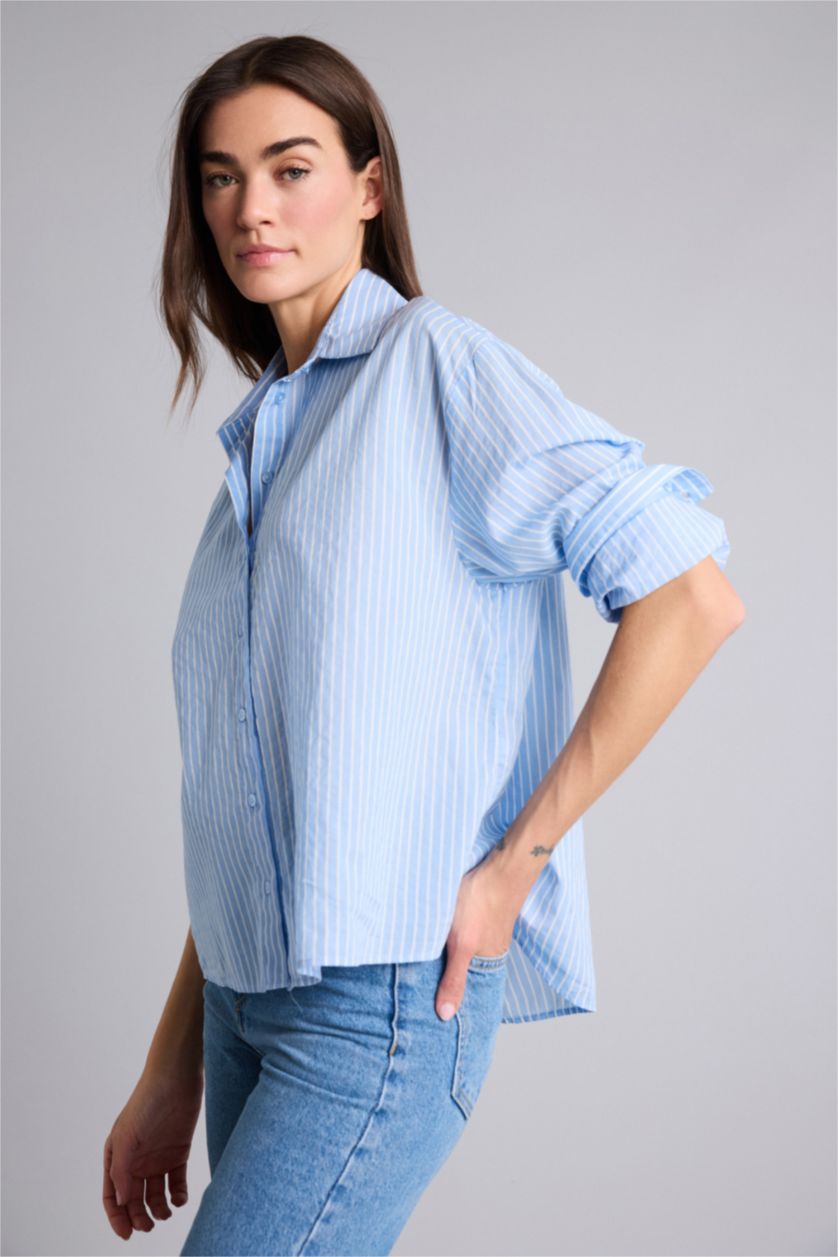 Kadın Mavi Oversize Çizgili Gömlek