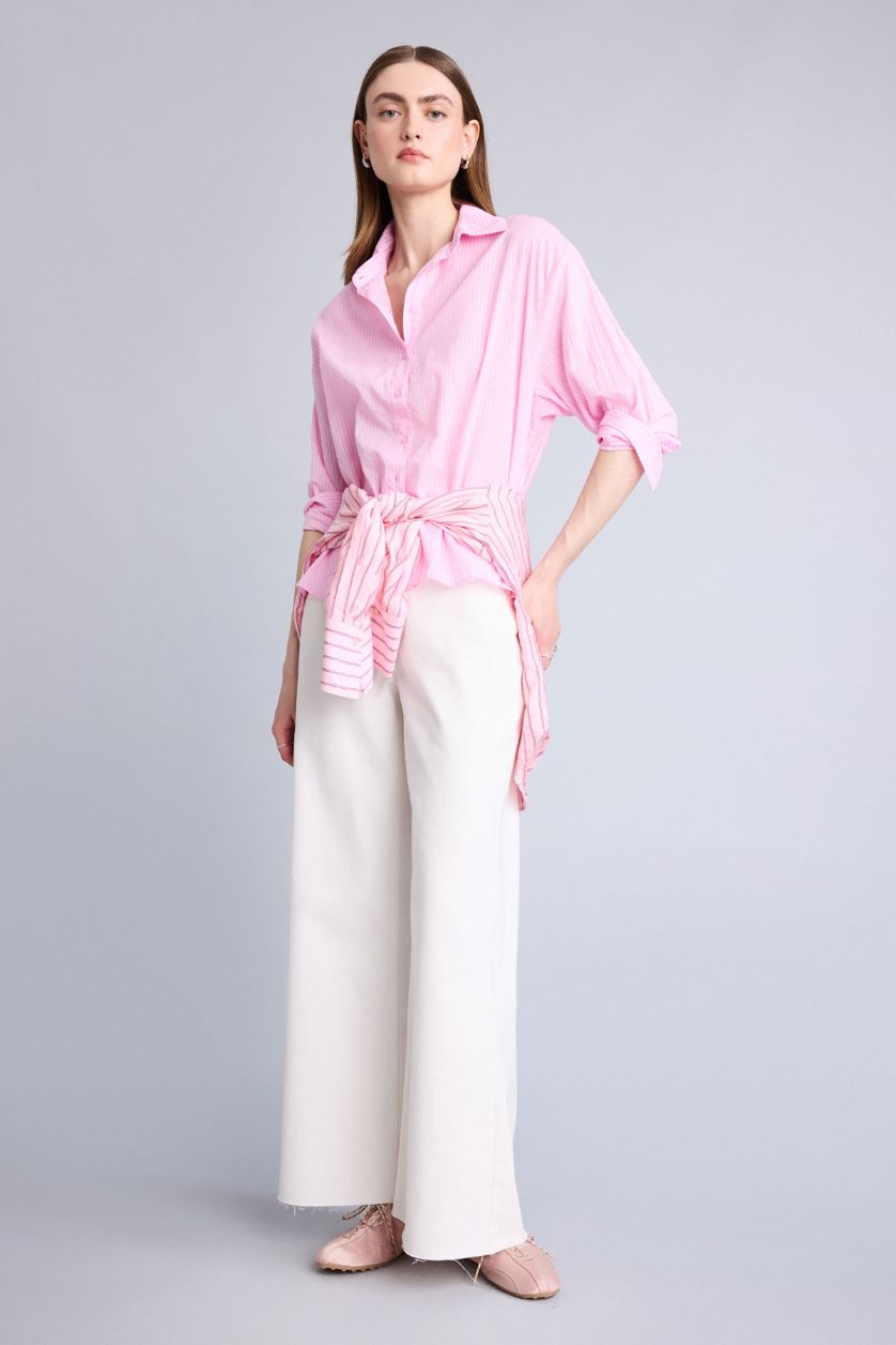 Kadın Pembe Oversize Uzun kollu Çizgili Gömlek