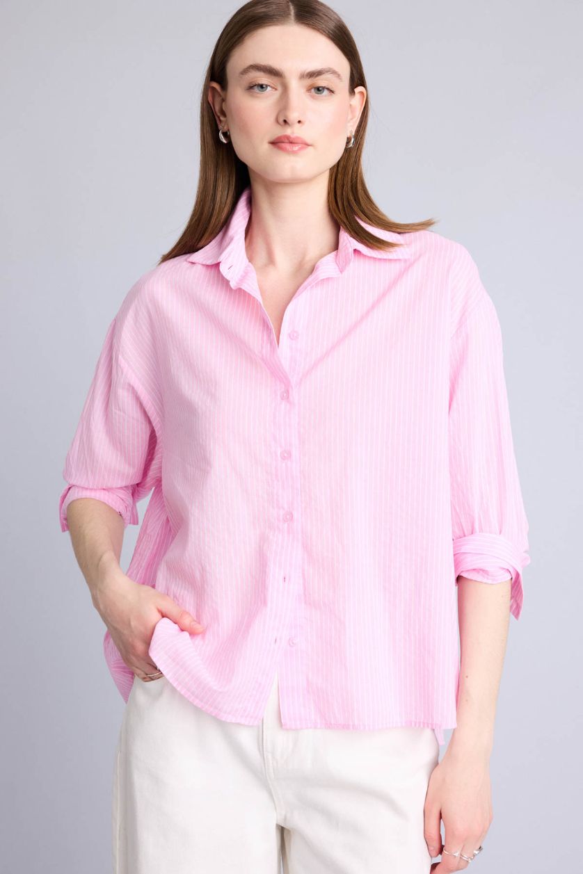 Kadın Pembe Oversize Uzun kollu Çizgili Gömlek