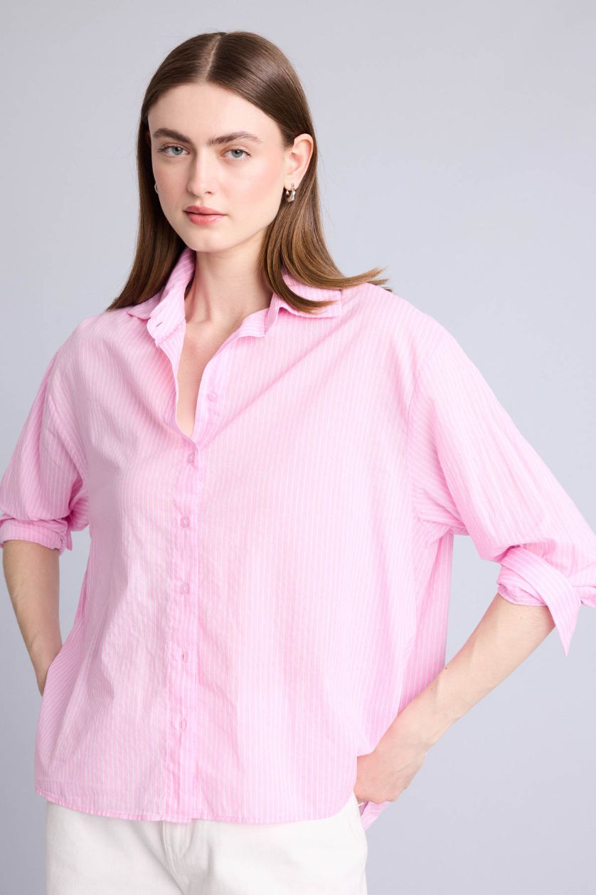 Kadın Pembe Oversize Uzun kollu Çizgili Gömlek