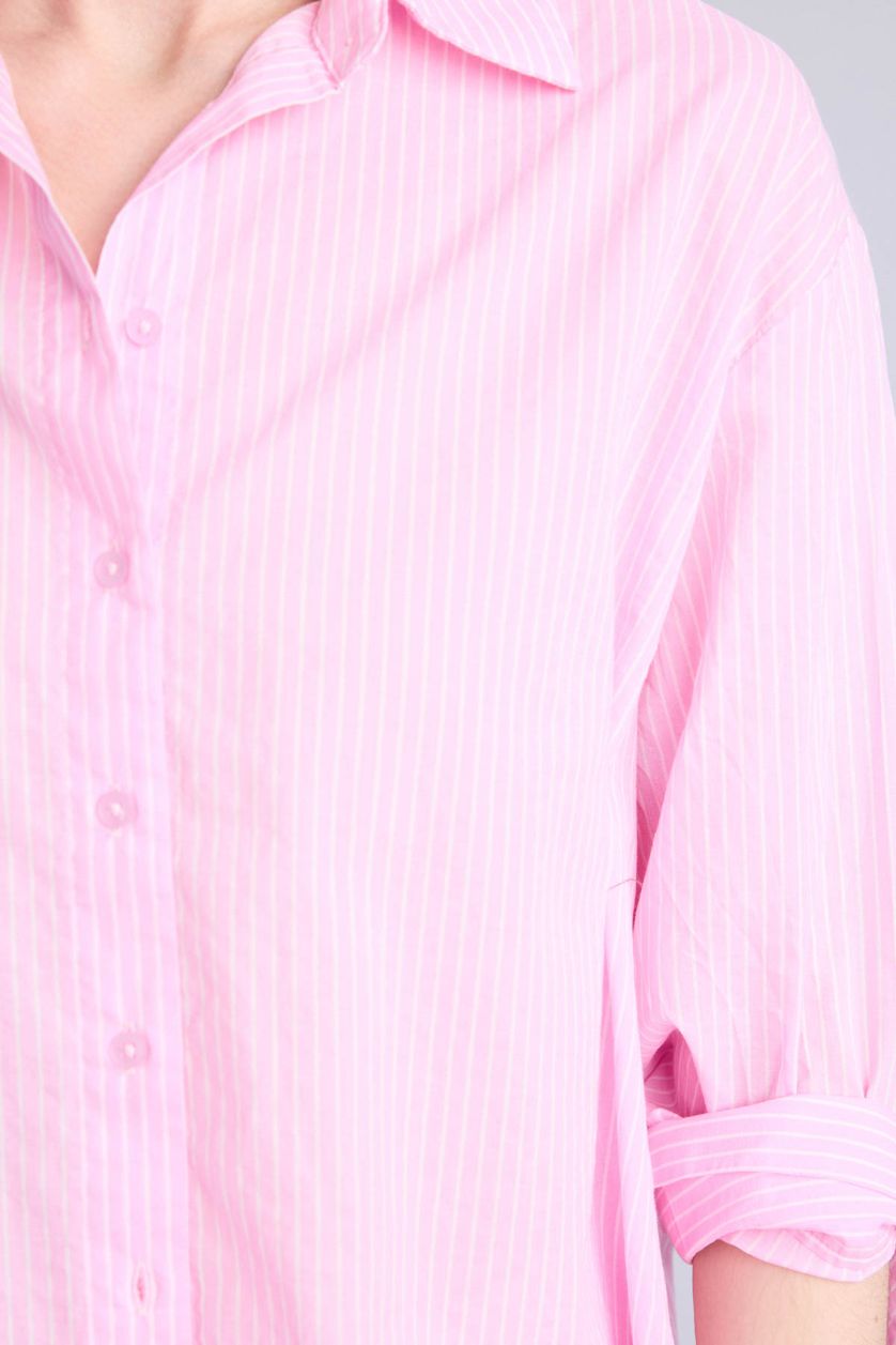 Kadın Pembe Oversize Uzun kollu Çizgili Gömlek