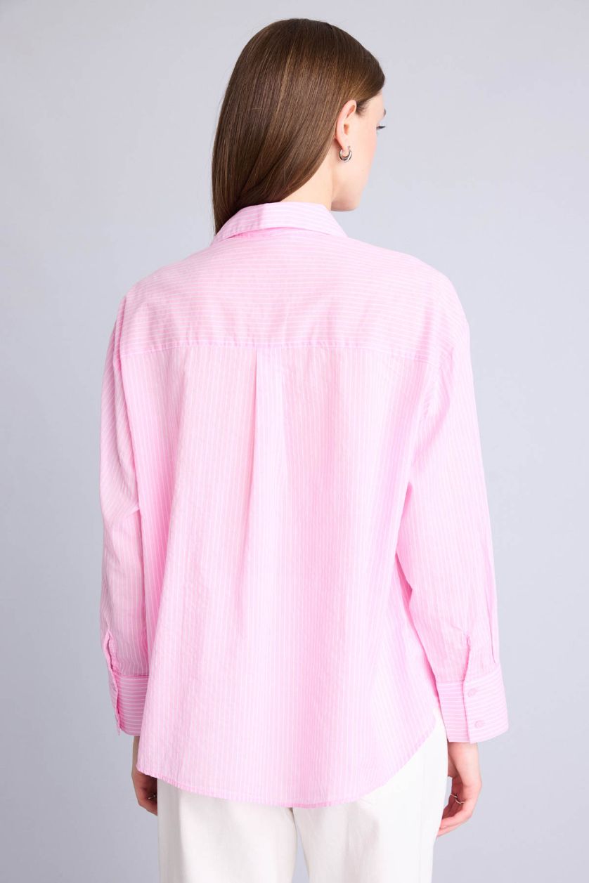 Kadın Pembe Oversize Uzun kollu Çizgili Gömlek