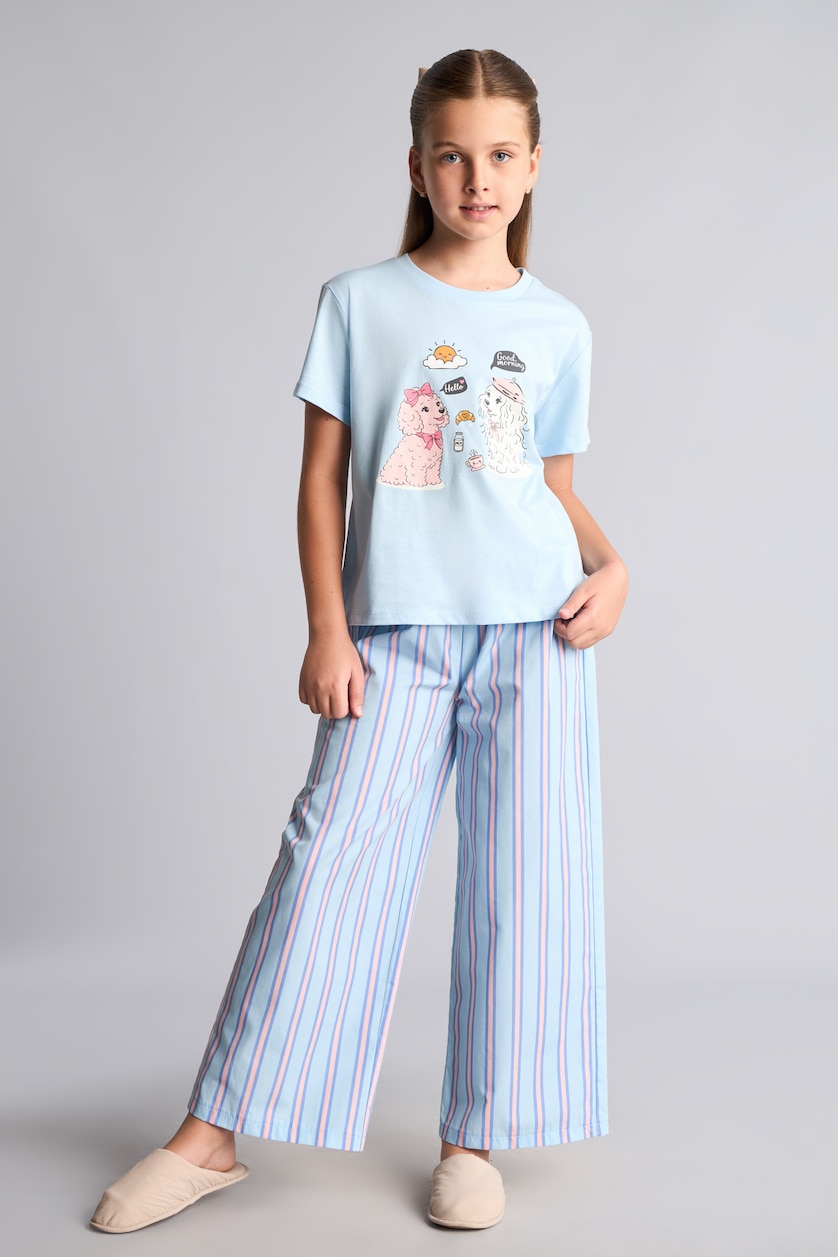 Kız Çocuk - Genç Kız Açık Mavi 2'li Pijama Takımı Baskılı Çizgili Kız Çocuk
