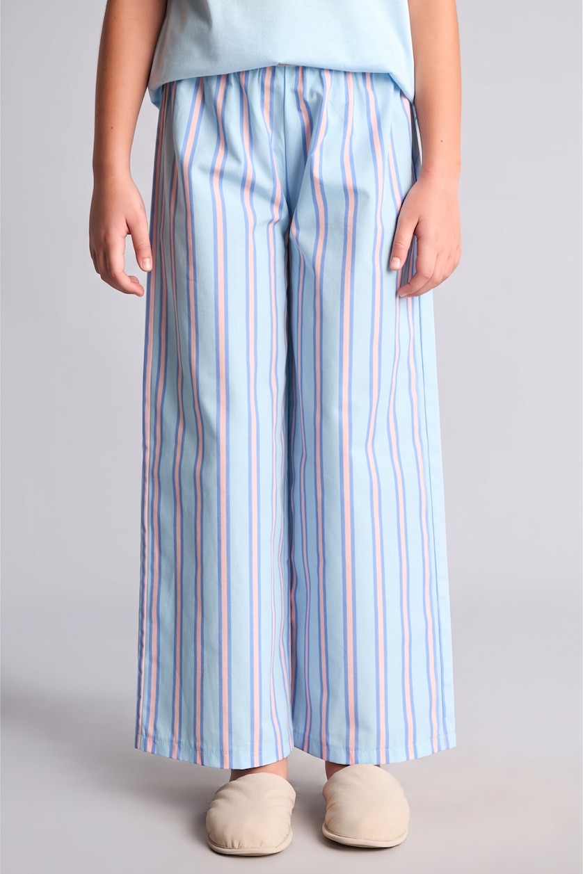 Kız Çocuk - Genç Kız Açık Mavi Baskılı Çizgili Regular Fit 2'li Pijama Takımı