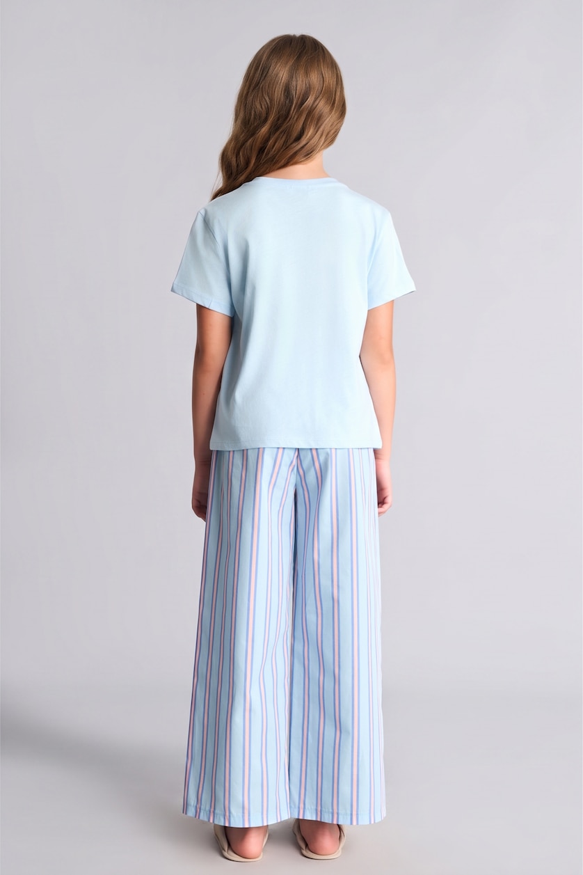 Kız Çocuk - Genç Kız Açık Mavi Baskılı Çizgili Regular Fit 2'li Pijama Takımı