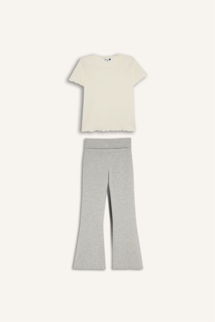 Kız Çocuk - Genç Kız Ekru Regular Fıt Ribana 2'li Pijama Takımı Kız Çocuk