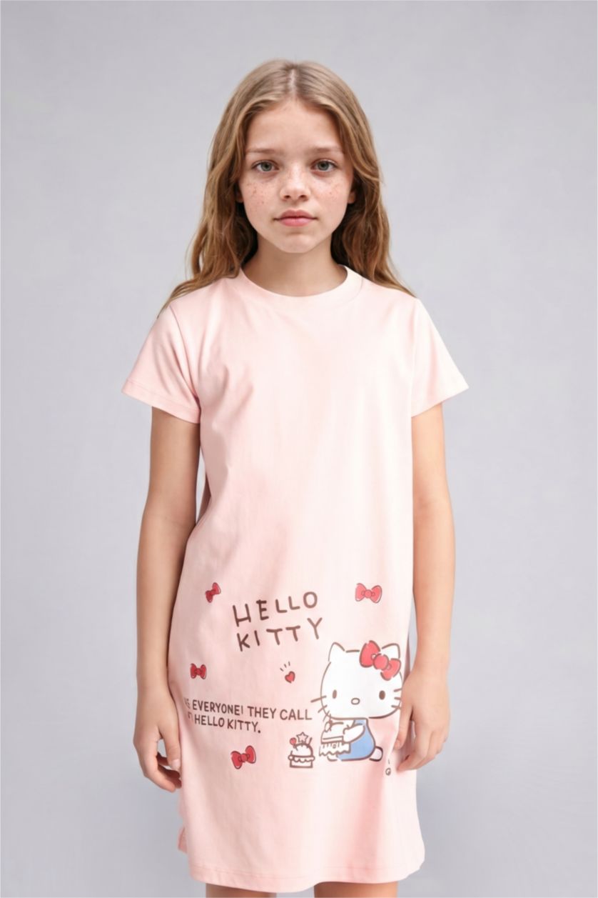 Kız Çocuk - Genç Kız Açık Pembe Hello Kitty Lisanslı Kısa Kollu Gecelik Kız Çocuk