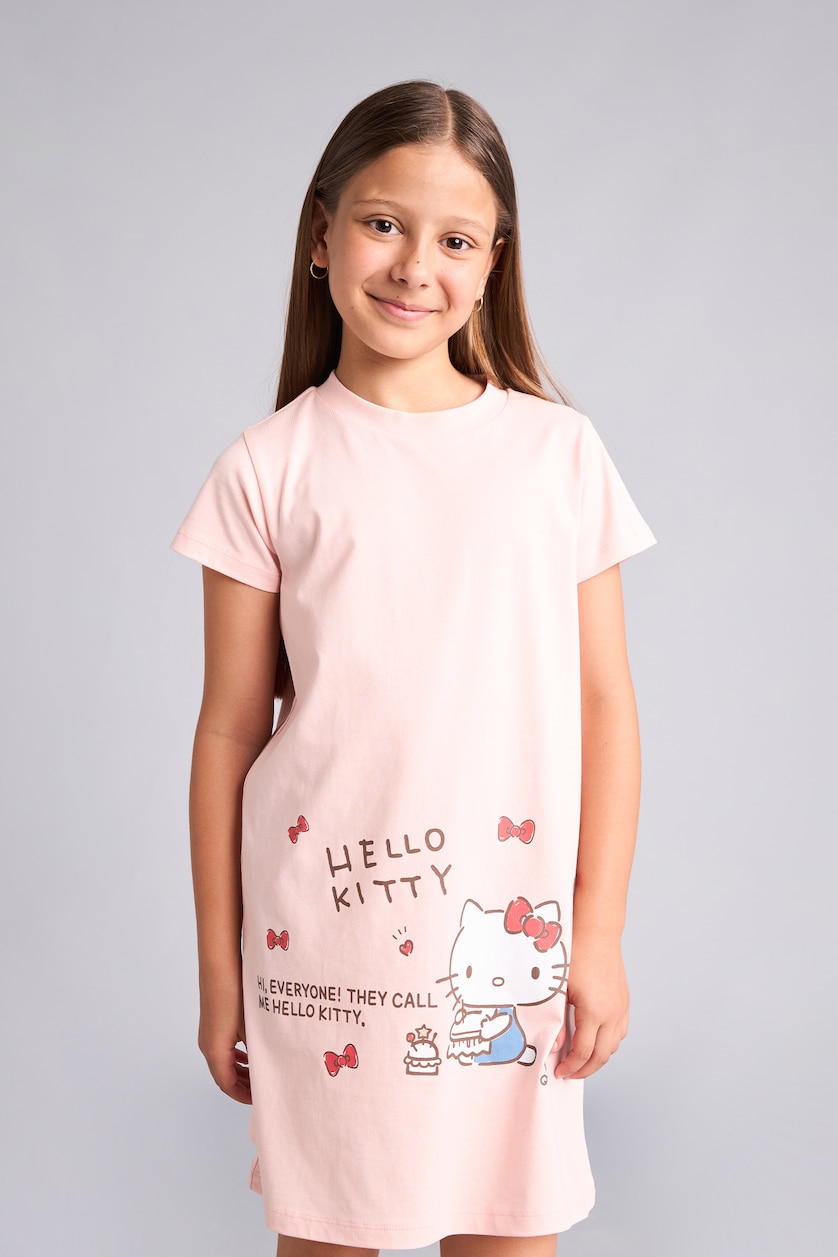 Kız Çocuk - Genç Kız Açık Pembe %100 Pamuk Hello Kitty Lisanslı Kısa Kollu Gecelik Kız Çocuk