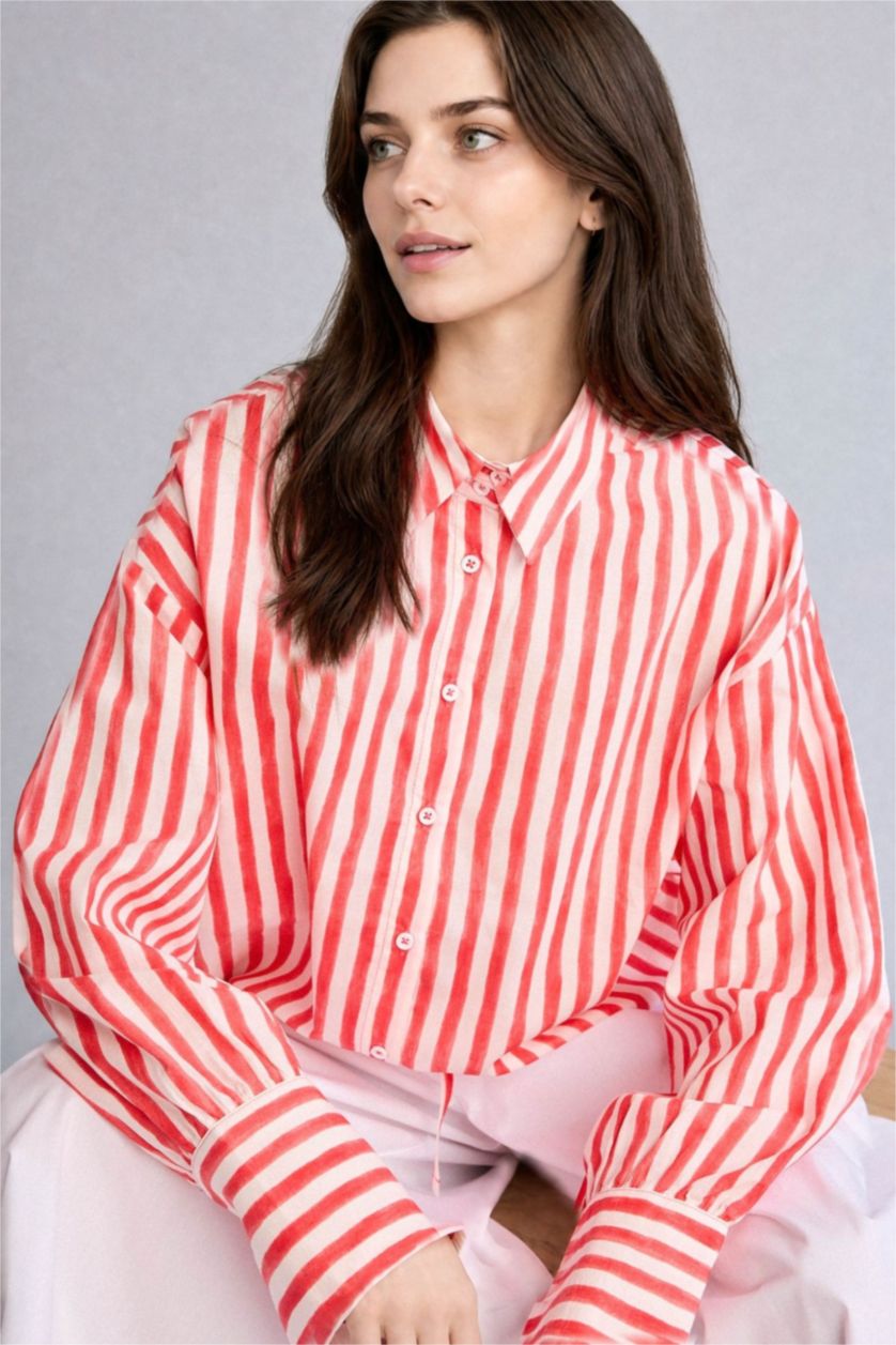 FEMME Rouge Tunique rouge rayée en voile à manches longues Coupe décontractée