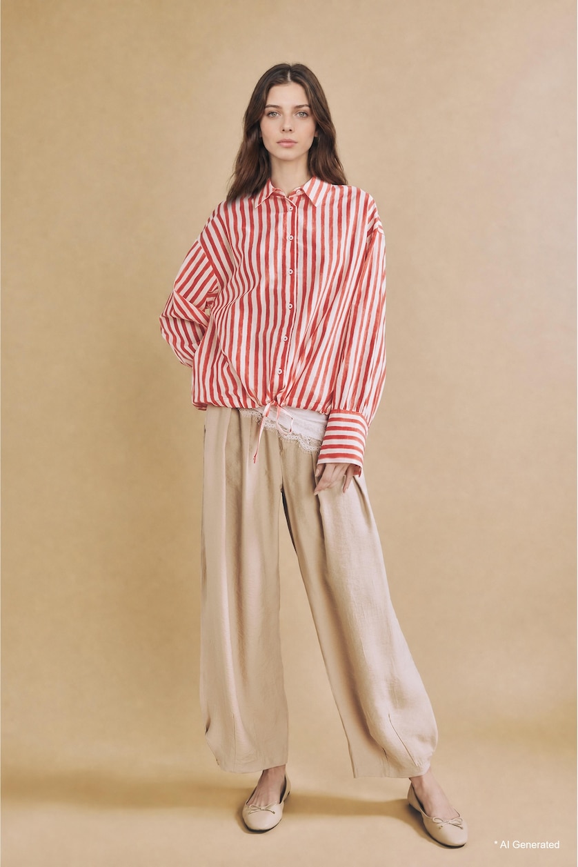 Women Red Relax Fit Striped Voile Red Tunic