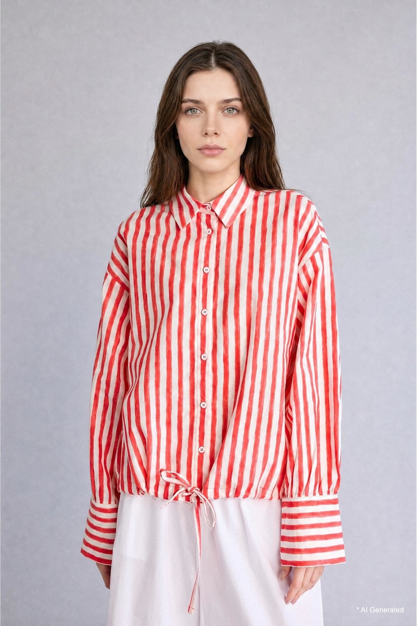 Women Red Relax Fit Striped Voile Red Tunic