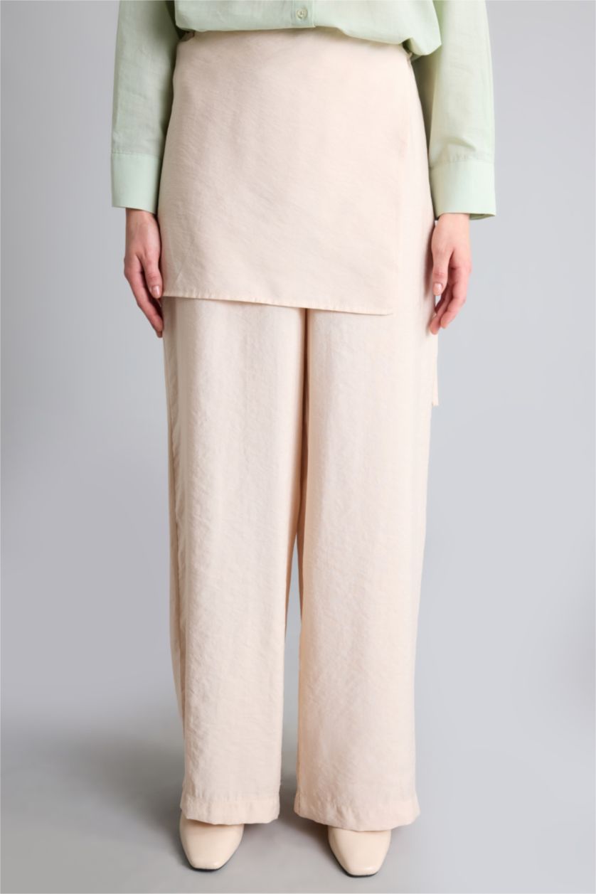 Woman Ecru Wide Leg Tie Waist Modal Ecru Trousers