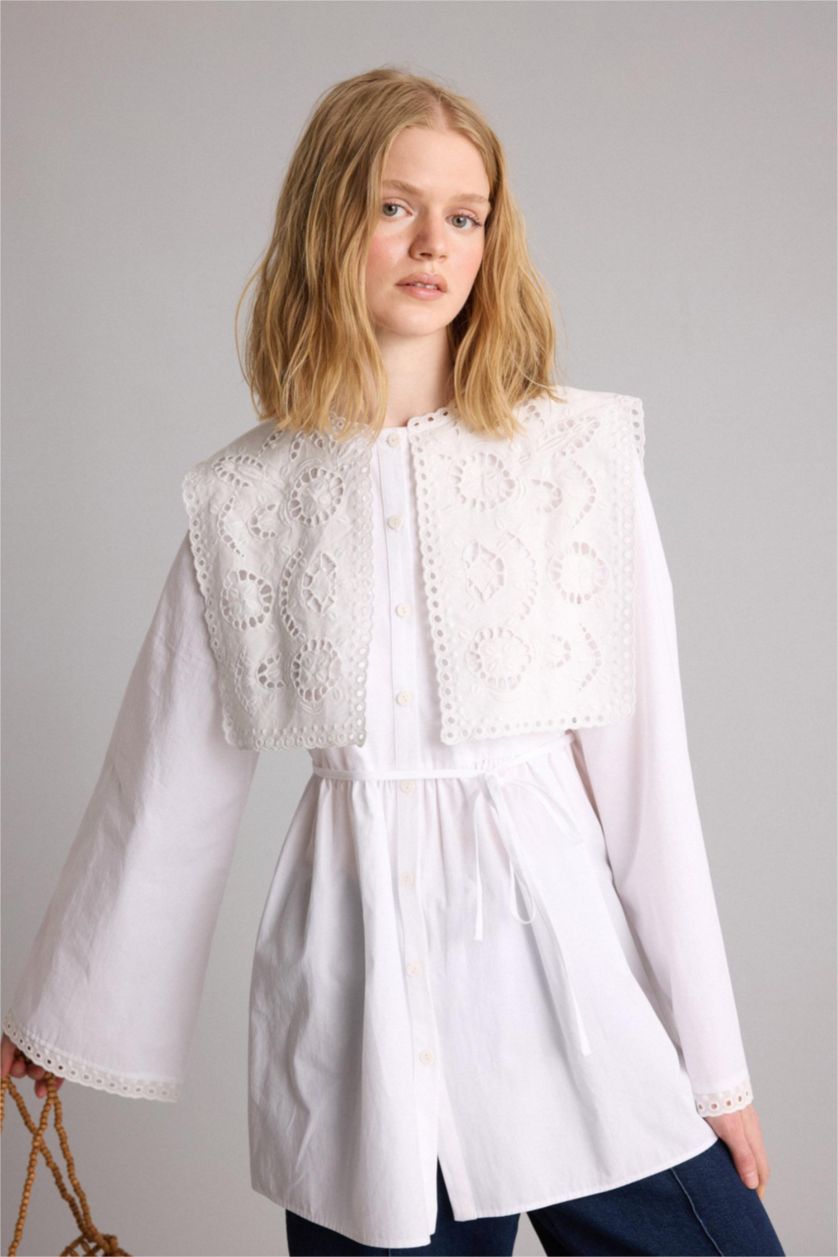 Women White Relax Fit Poplin Long Sleeve Tunic