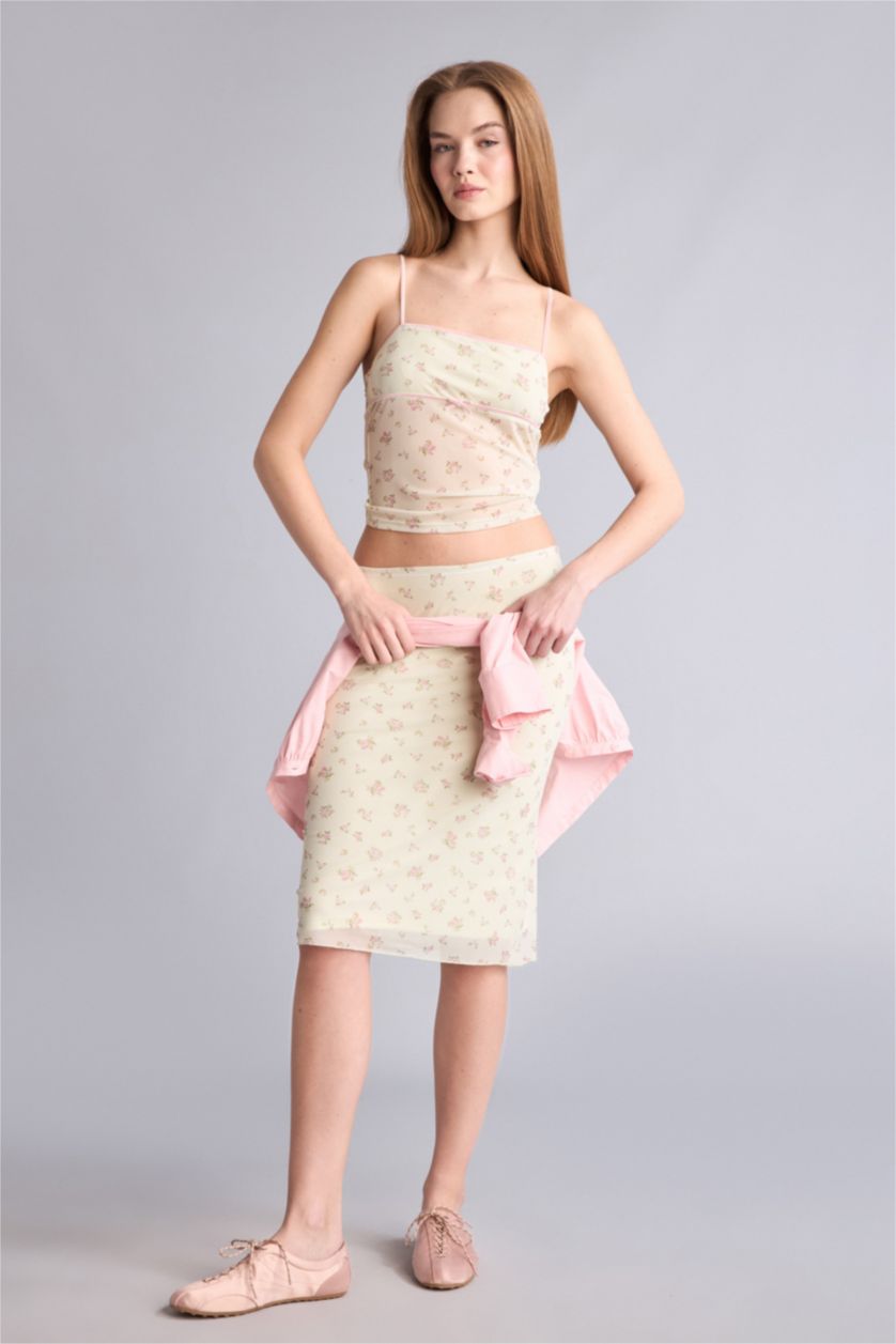 نساء أصفر Pencil Floral Normal Waist Tulle Midi Skirt