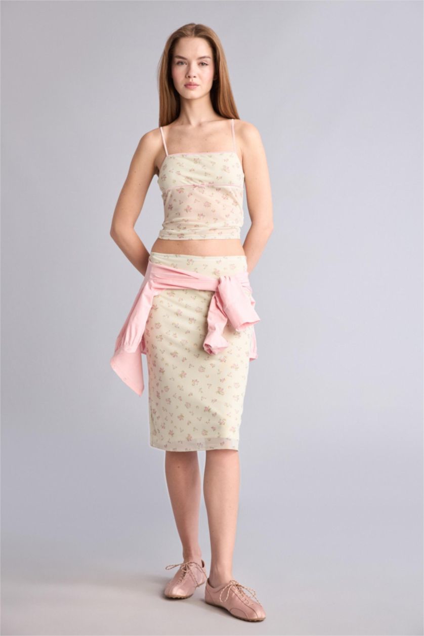 نساء أصفر Pencil Floral Normal Waist Tulle Midi Skirt