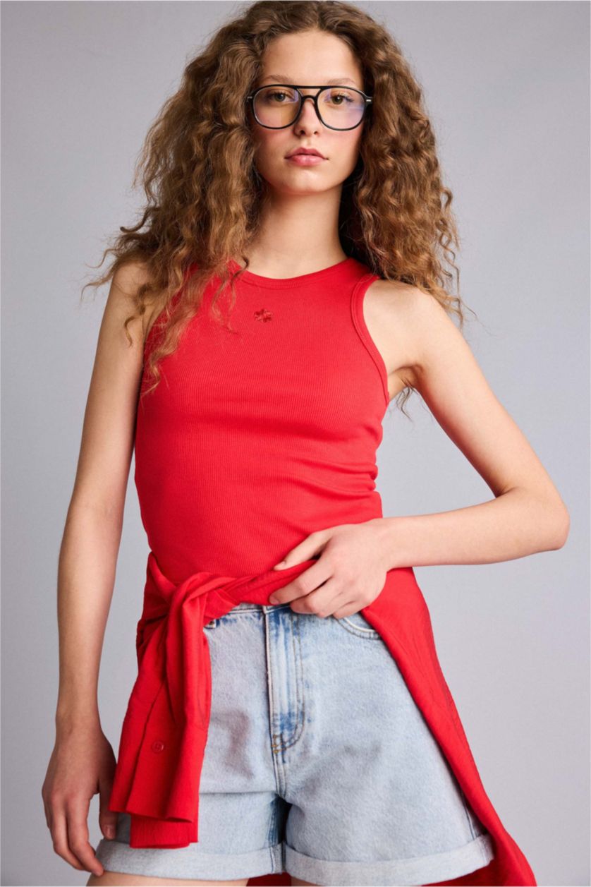 Kadın Kırmızı Fıtted Fitilli Kaşkorse Atlet