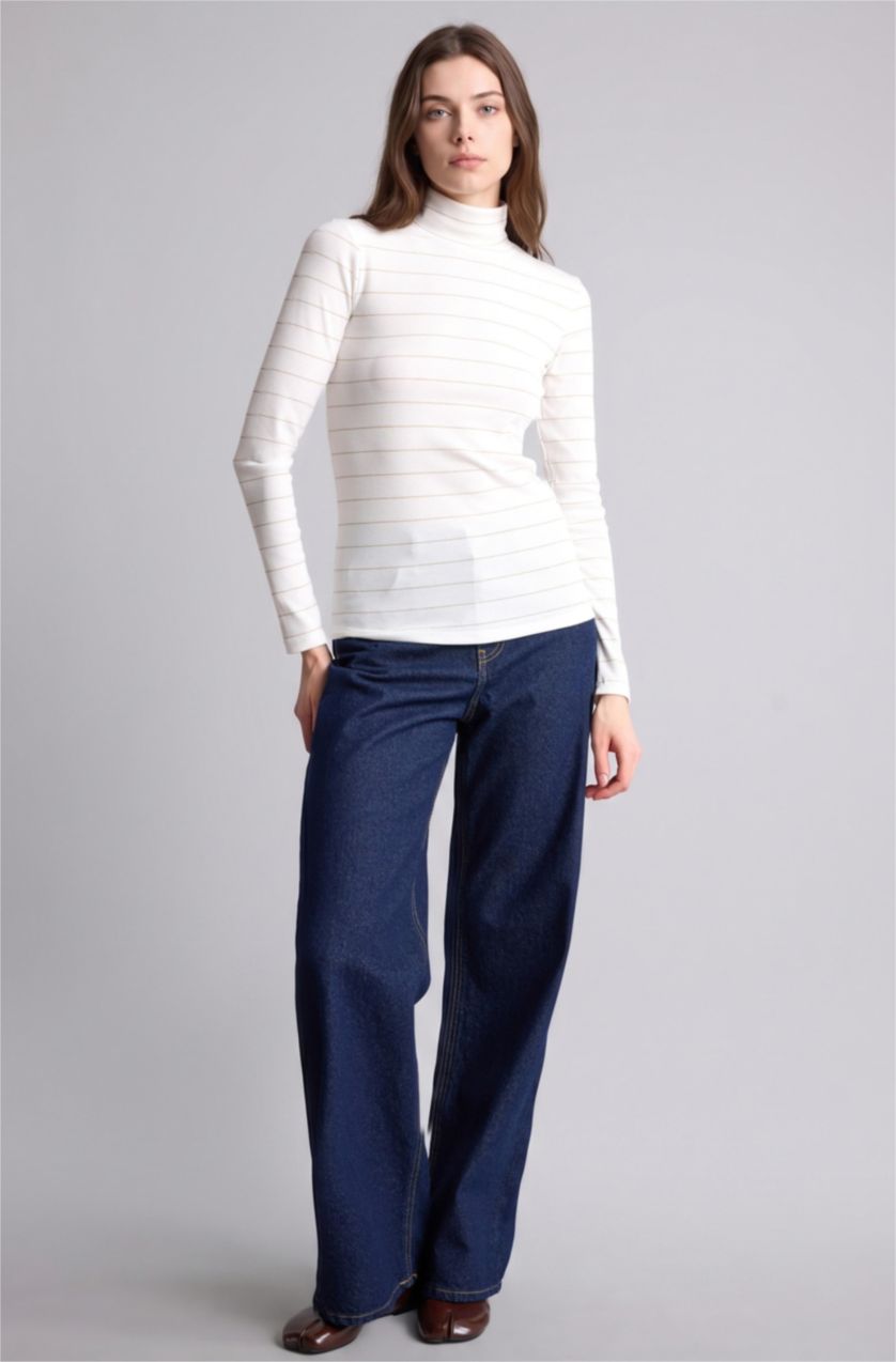 Kadın Ekru Slim Fit Uzun kollu Kaşkorse Tunik