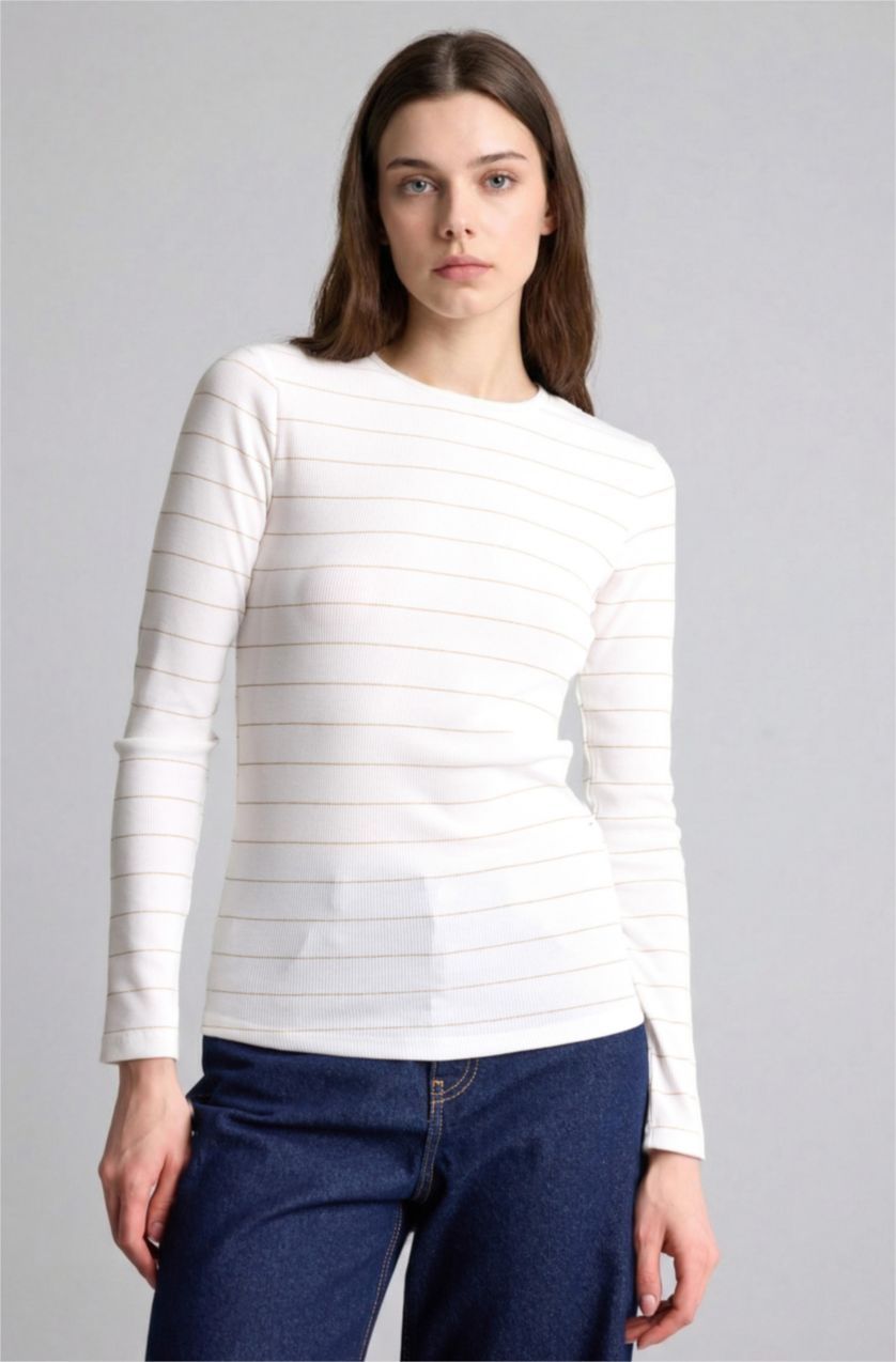 Kadın Ekru Slim Fit Uzun kollu Kaşkorse Tunik