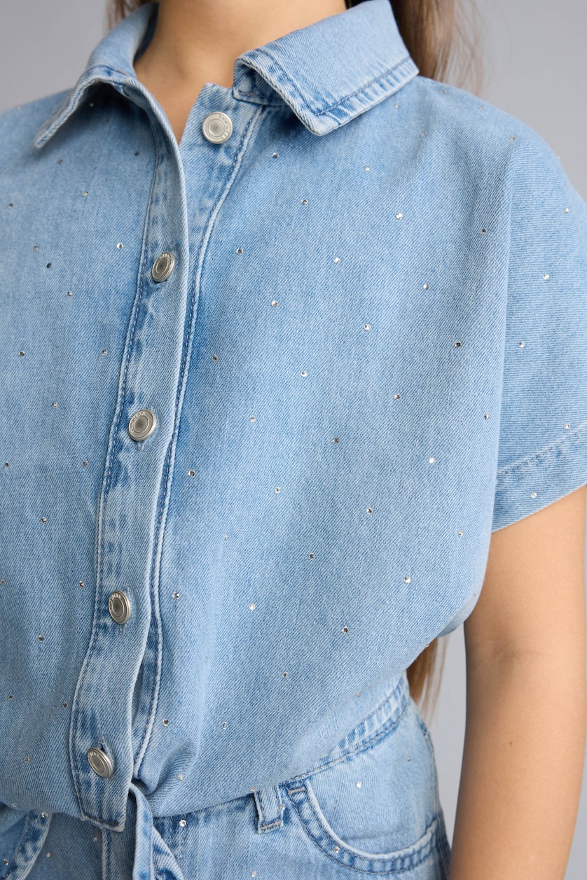 Kız Çocuk - Genç Kız Açık Mavi %100 Pamuk Denim Gömlek Kız Çocuk
