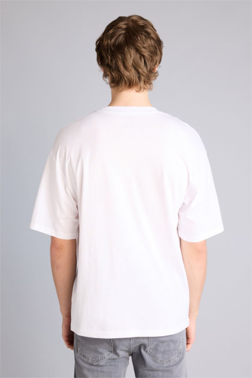 Erkek Beyaz Boxy Fıt Baskılı Tişört