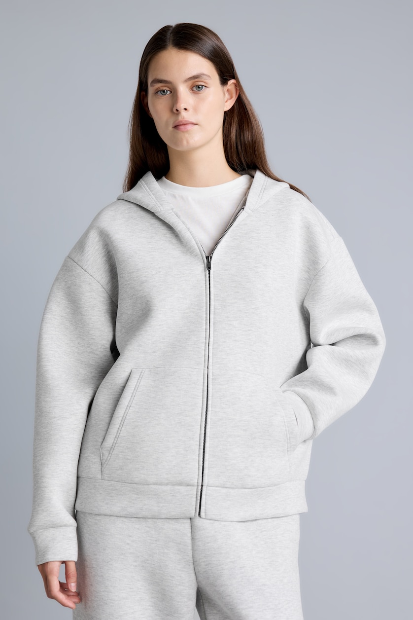 Kadın Gri Melanj Relaxed Fit Kapüşonlu Skuba Sweatshirt Hırka