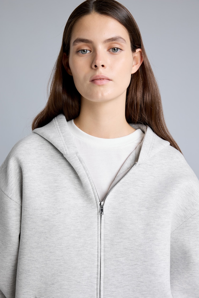 Kadın Gri Melanj Relaxed Fit Kapüşonlu Skuba Sweatshirt Hırka