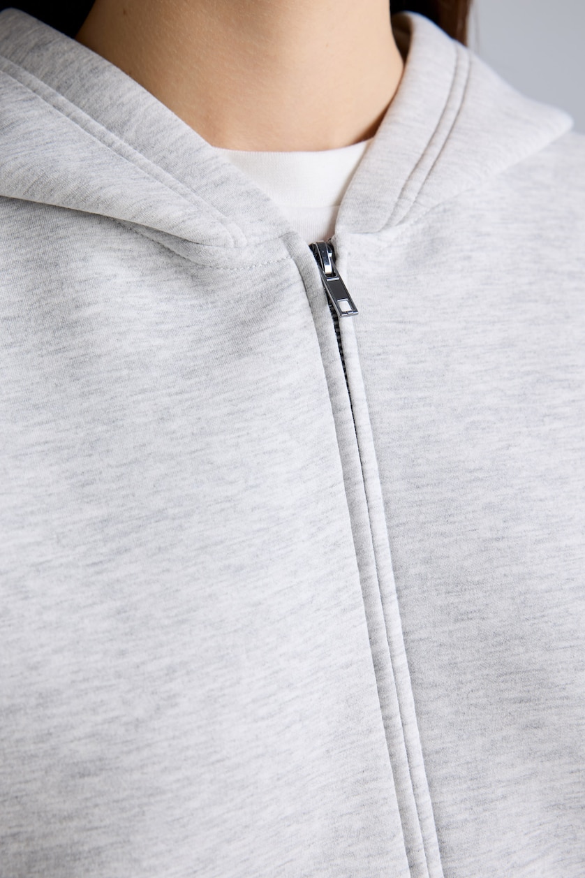 Kadın Gri Melanj Relaxed Fit Kapüşonlu Skuba Sweatshirt Hırka
