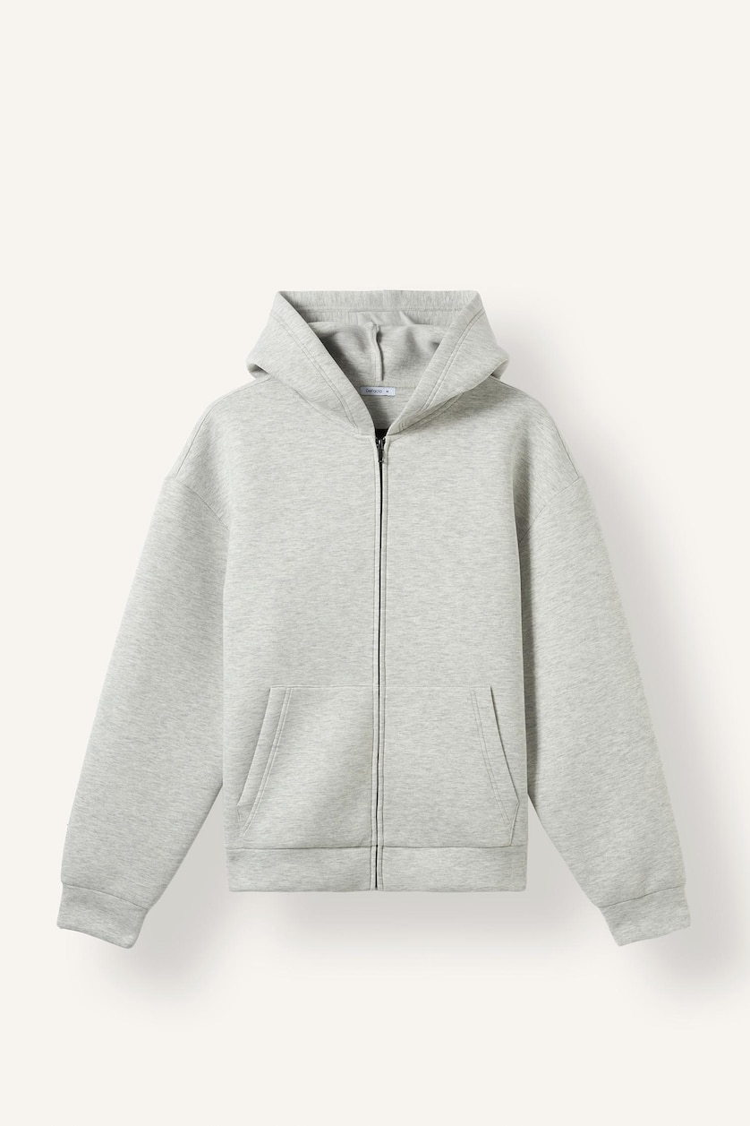 Kadın Gri Melanj Relaxed Fit Kapüşonlu Skuba Sweatshirt Hırka