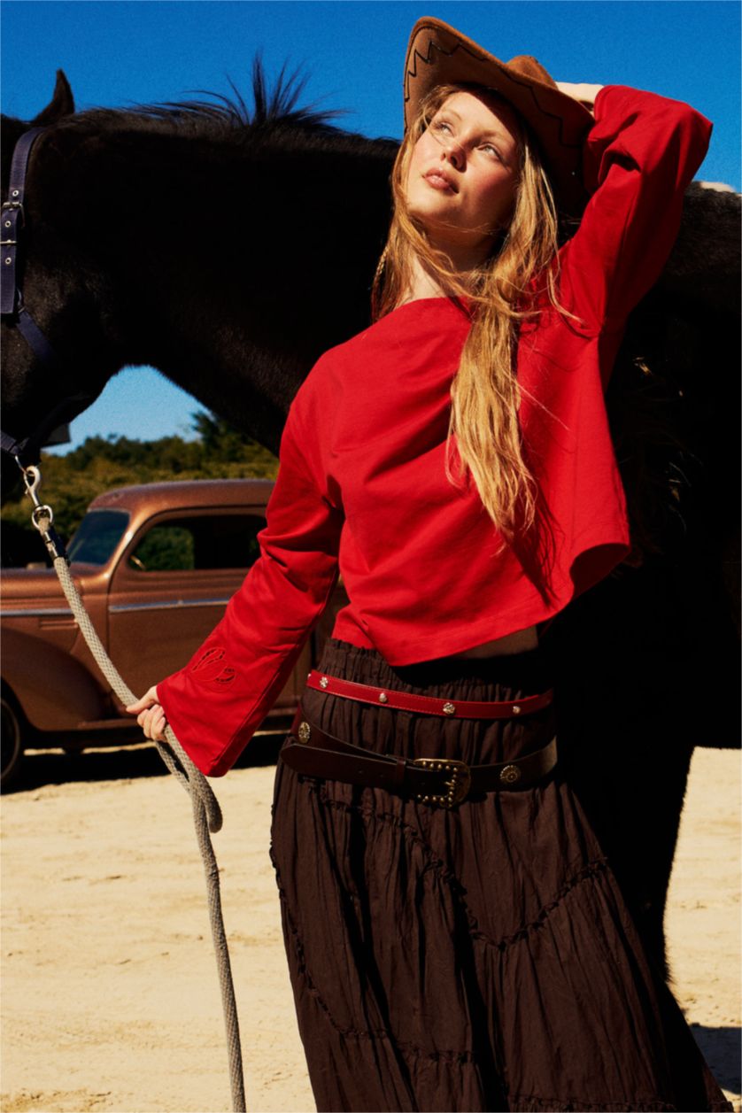 Women Red Relax Fit Long Sleeve Tunic