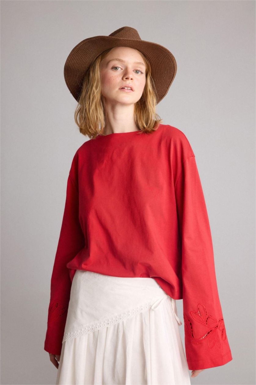 Women Red Relax Fit Long Sleeve Tunic