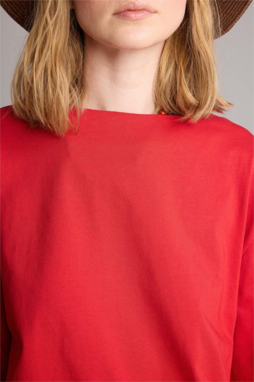 Women Red Relax Fit Long Sleeve Tunic