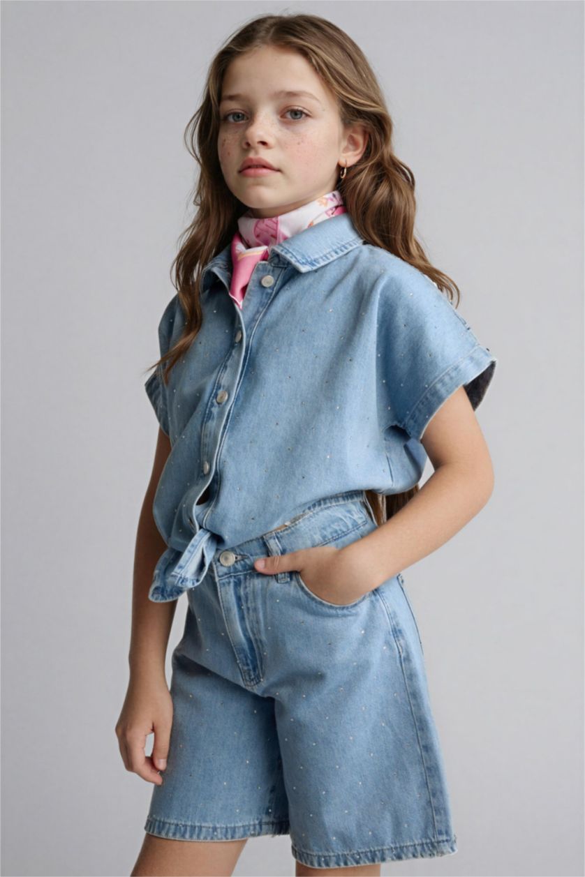 Kız Çocuk - Genç Kız Açık Mavi Konforlu Jean Şort Kız Çocuk