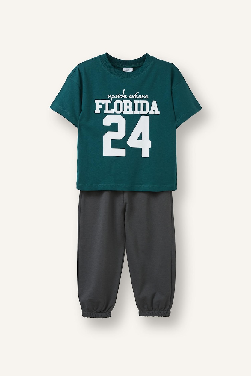 BABY BOY Dark Green Boy 2 piece Regular Fit Printed T-Shirt and Sweatpants Set