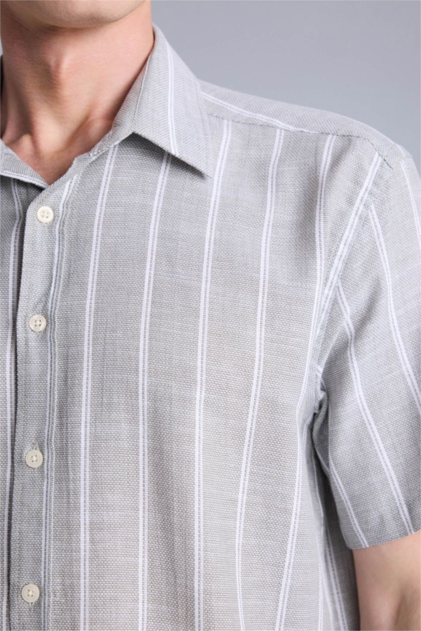 Erkek Haki Regular Fıt Polo Yaka Pamuklu Kısa Kollu Gömlek