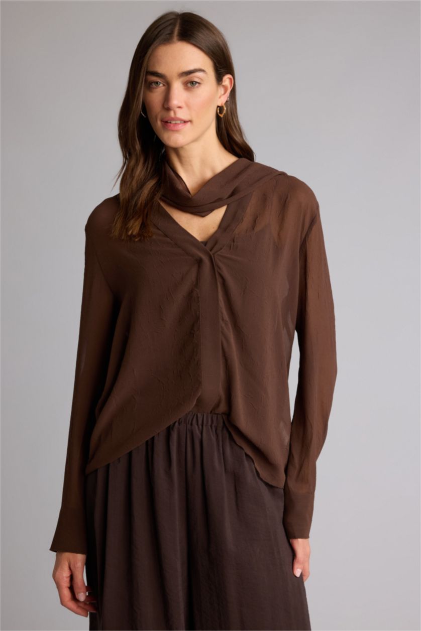 Woman Brown Regular Fit Shawl Collar Long Sleeve Blouse