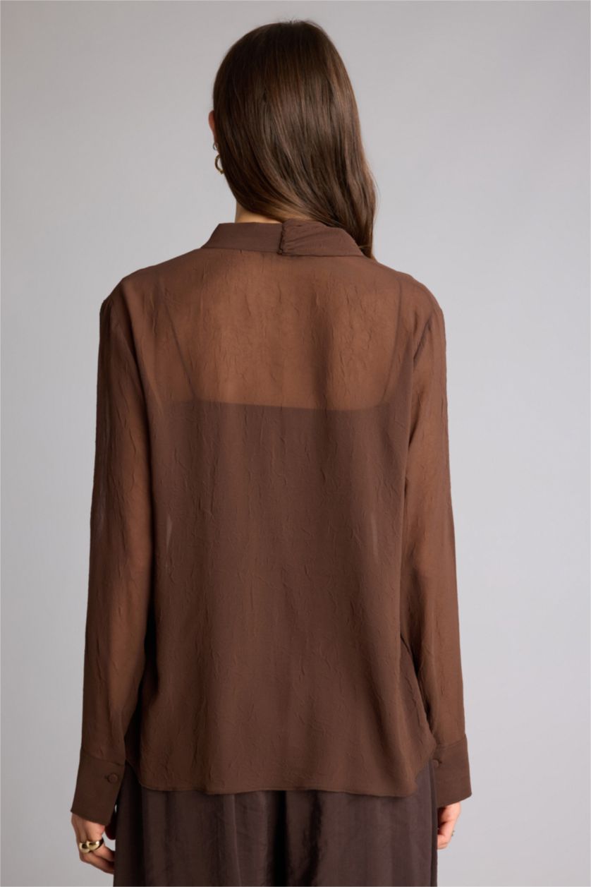 Woman Brown Regular Fit Shawl Collar Long Sleeve Blouse