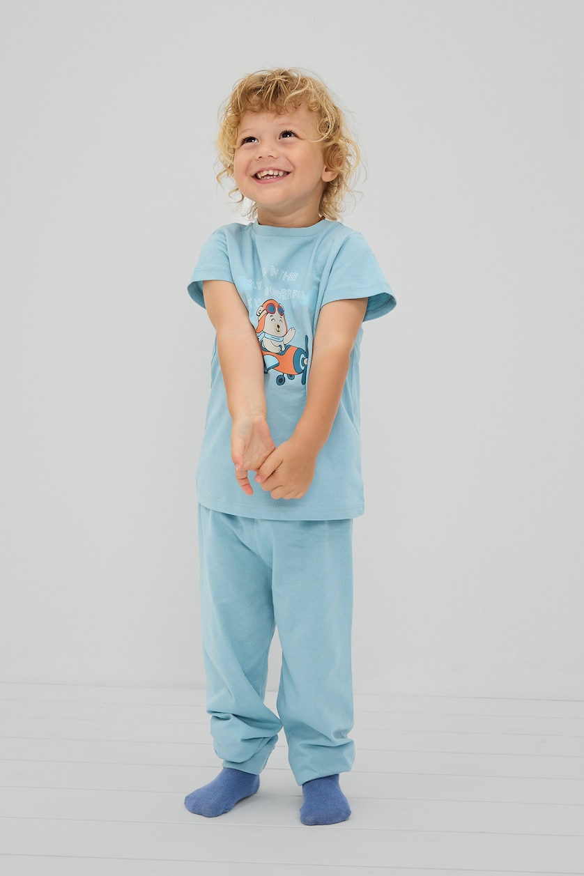 Erkek Bebek Mavi 2'Li Baskılı Pijama Takımı Erkek Bebek