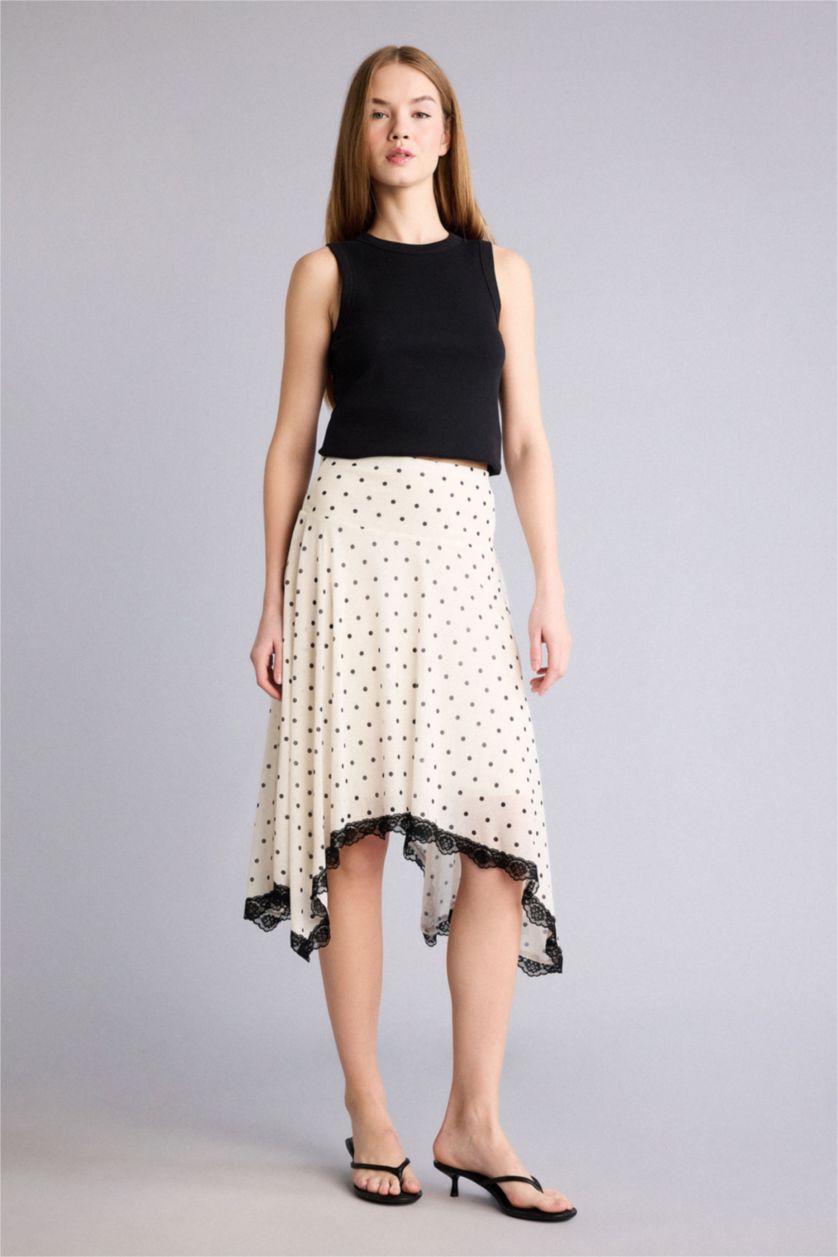WOMAN Ecru Asymmetric Polka Dot Crepe Normal Waist Midi Knitted Skirt