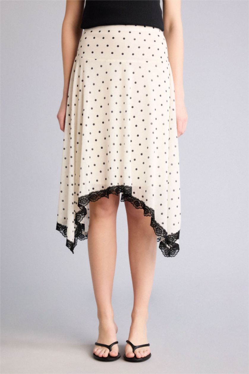 WOMAN Ecru Asymmetric Polka Dot Crepe Normal Waist Midi Knitted Skirt
