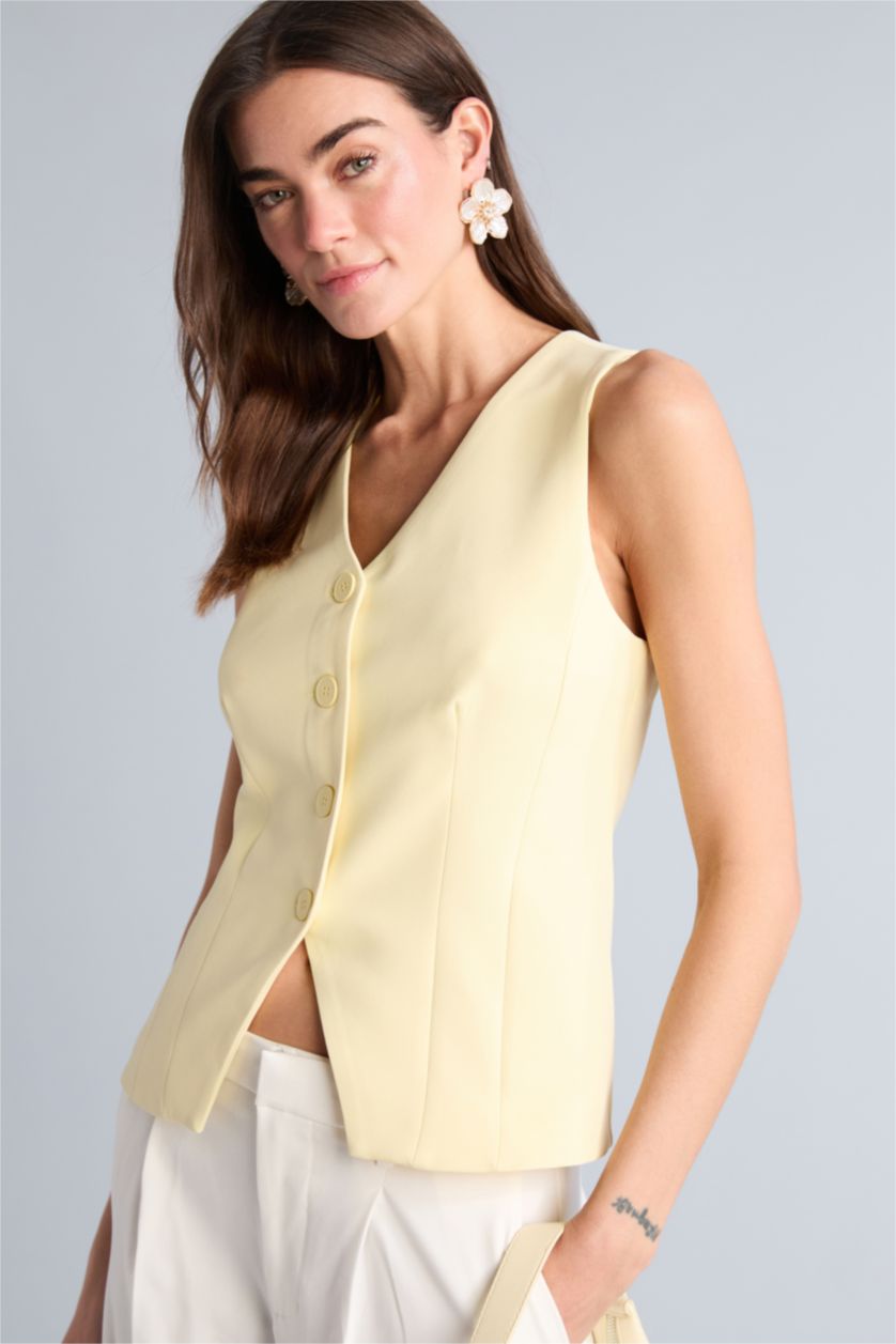 Kadın Açık Sarı Teknik V Yaka Yelek
