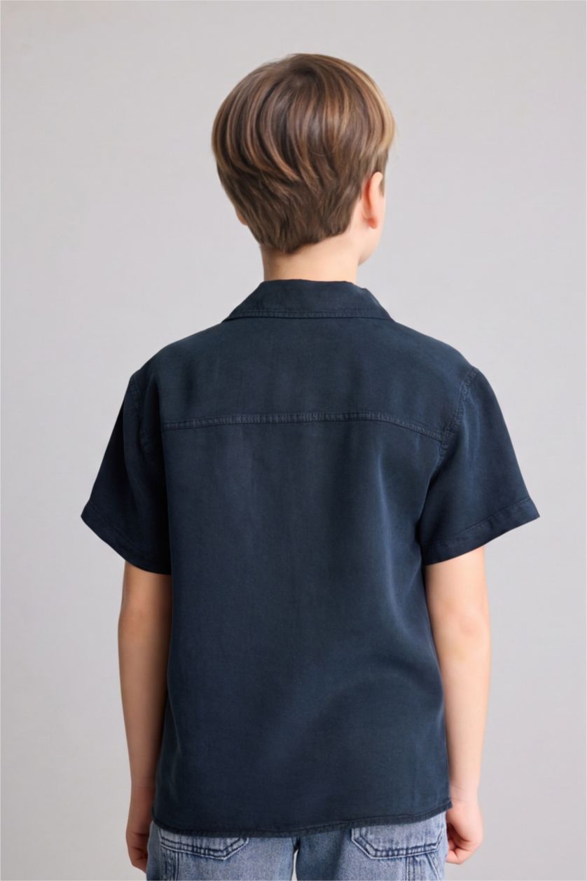 Boys & Teens NAVY قميص ولادي قماش ايوسل قصة عادية بياخة عالية